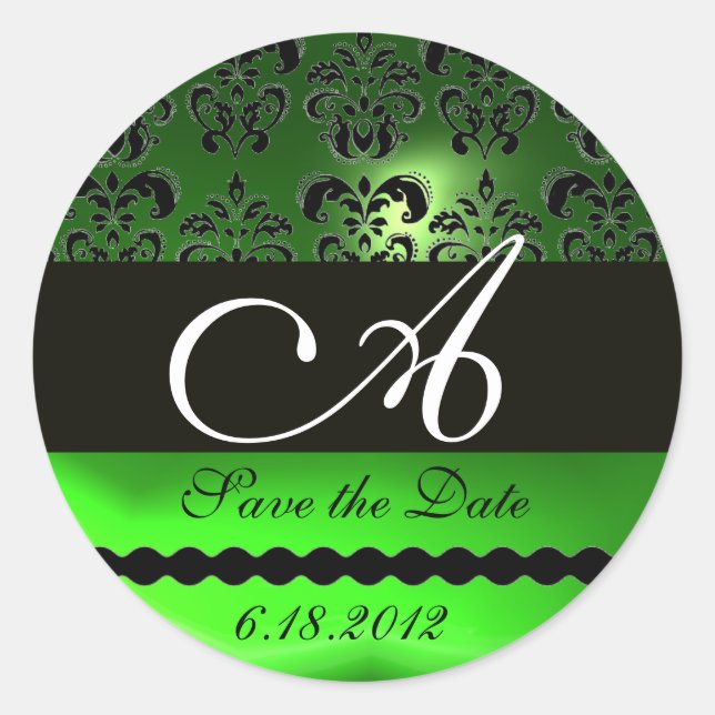 BLACK AND GREEN EMERALD DAMASK MONOGRAM, CLASSIC ROUND STICKER (Front)