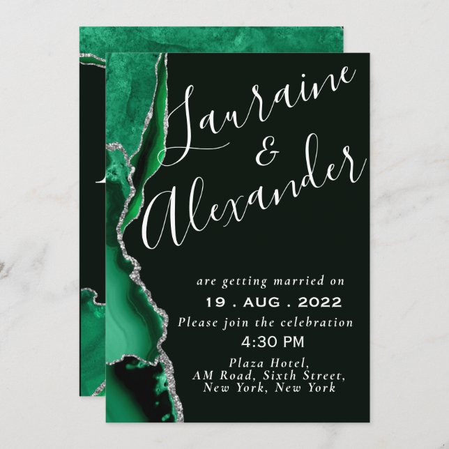 Black and green emerald glitter agate marble  invitation (Front/Back)