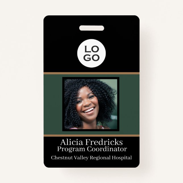 Black and Green Employee Photo ID with Logo ID Badge (Front)