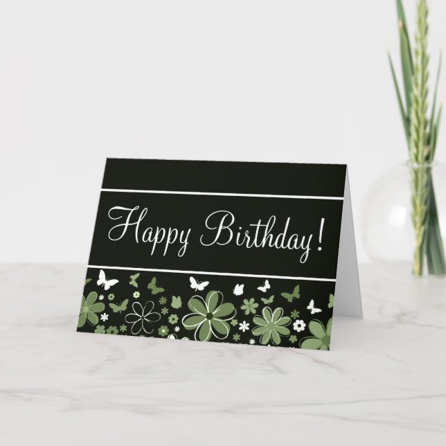 Black and Green Floral "Birthday Card" Card (Front)