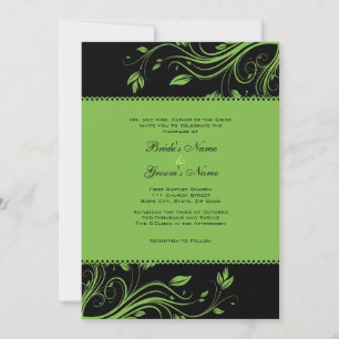 Black and Green Floral Swirls Wedding Invitation