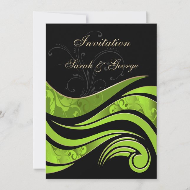 black and green flourish wedding invitation (Front)