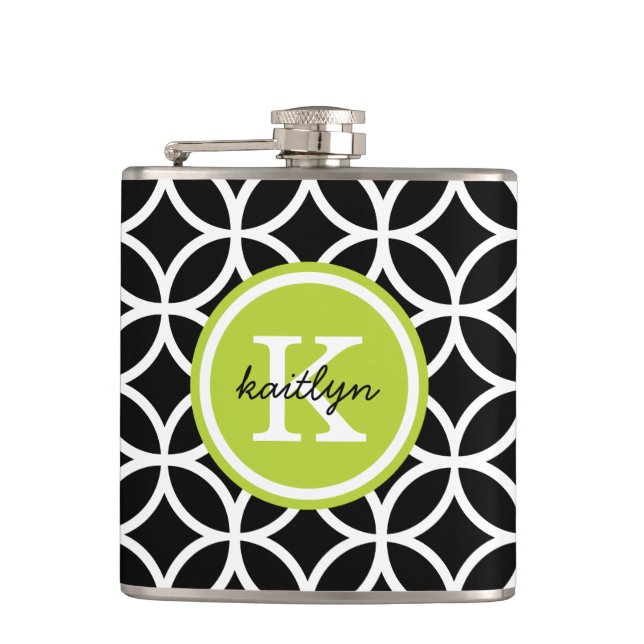 Black and Green Geometric Diamonds Custom Monogram Hip Flask (Front)