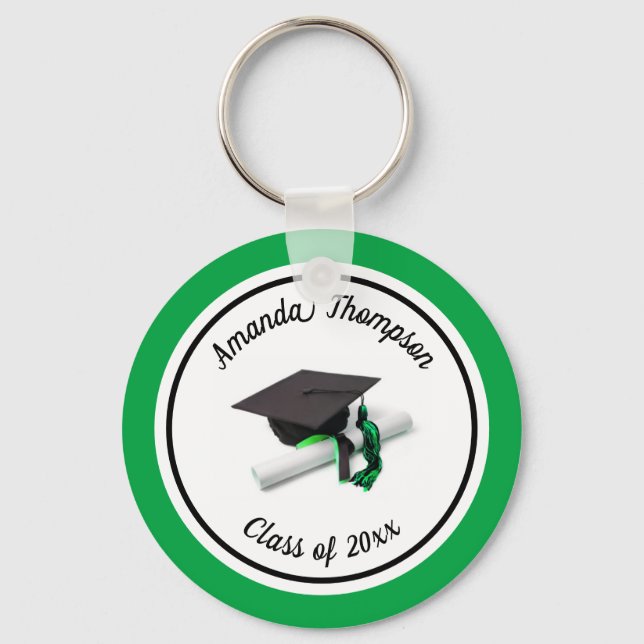 Black and Green Graduation Cap and Tassel Key Ring (Front)