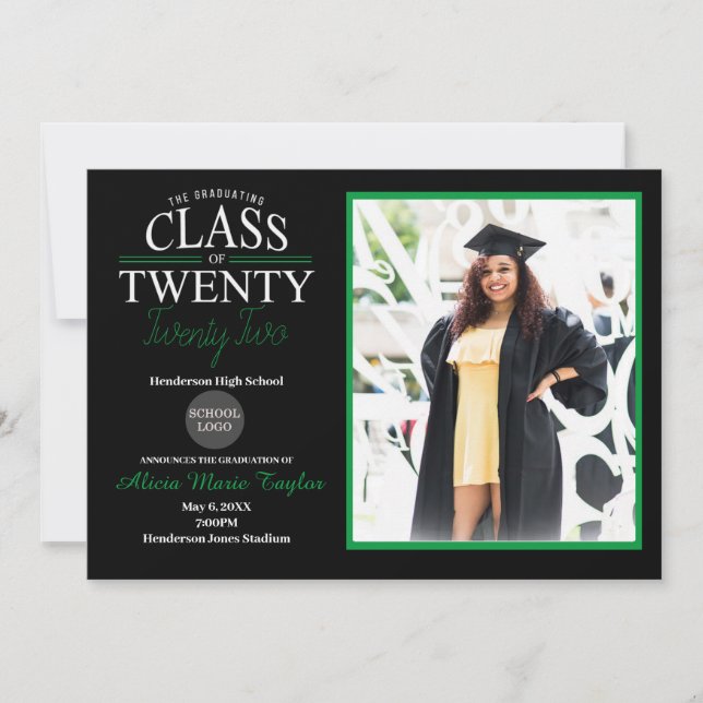 Black and Green Graduation Invitation with Photo (Front)