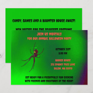 Black and Green Halloween Scary Black Spider Invitation