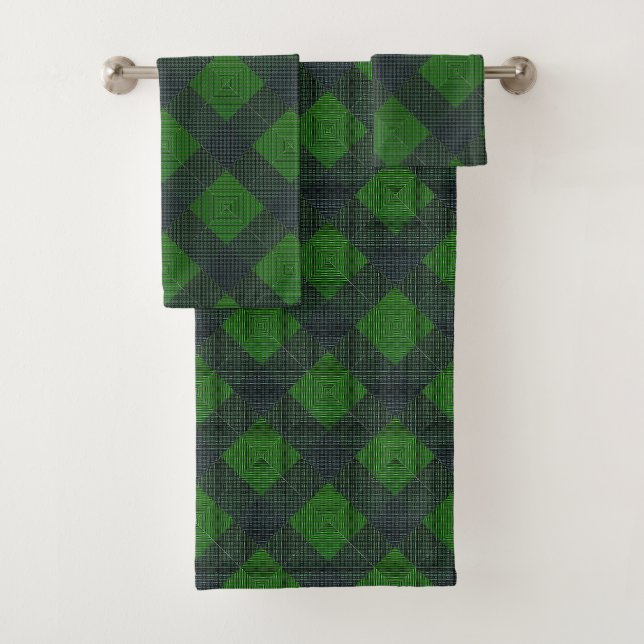 Black and green inclined squares or chess style bath towel set (Insitu)