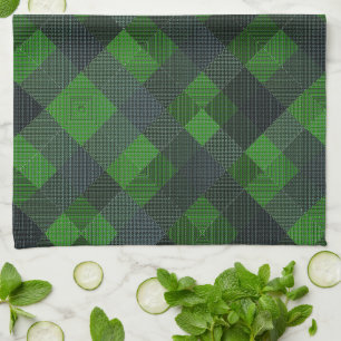 Black and green inclined squares or chess style tea towel
