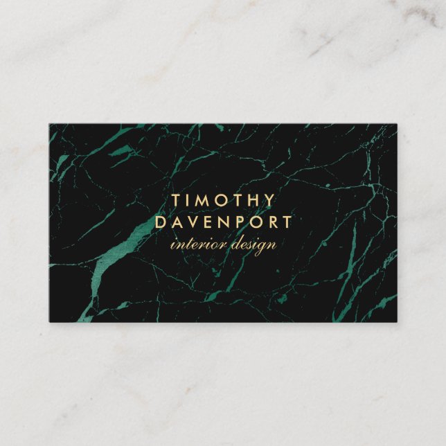 Black and Green Marble with Faux Gold Text II Business Card (Front)