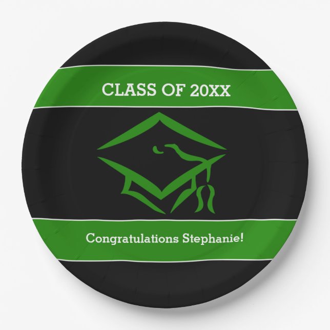 Black and Green Mortarboard Graduation Party Paper Plate (Front)