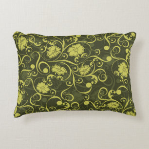 Black and Green Nature Illustrated Floral Pattern Decorative Cushion