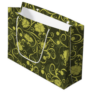 Black and Green Nature Illustrated Floral Pattern Large Gift Bag