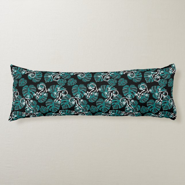 Black And Green Pattern - Geckos And Leaves Body Cushion (Front)