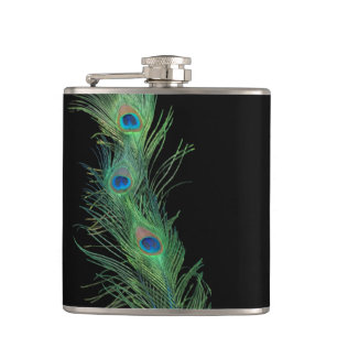 Black and Green Peacock Feathers Hip Flask