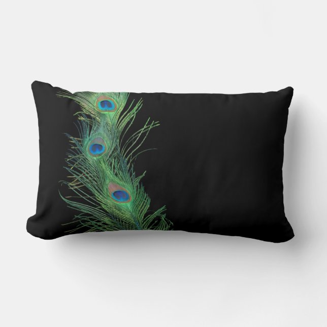 Black and Green Peacock Feathers Lumbar Cushion (Front)