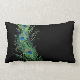 Black and Green Peacock Feathers Lumbar Cushion