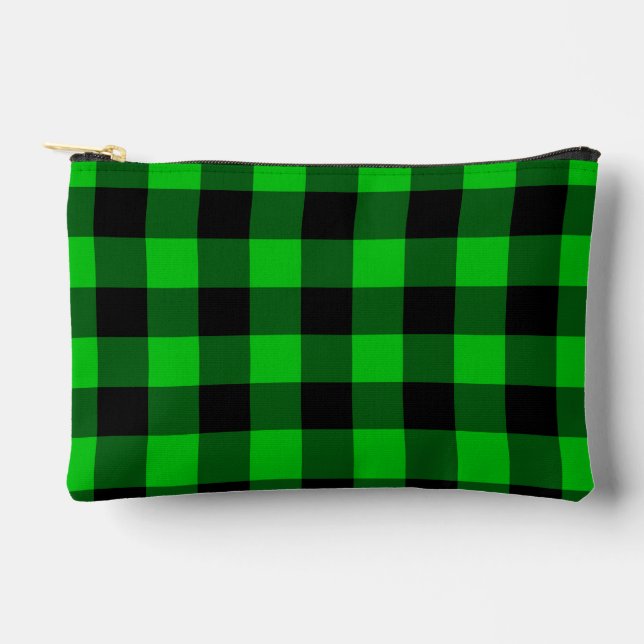 Black and Green Plaid Checked Accessory Pouch (Front)