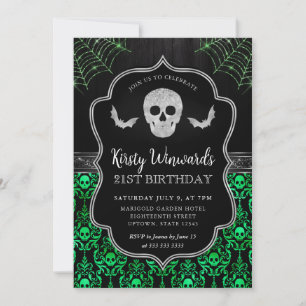 Black and Green Skull and Cobwebs 21st Birthday Invitation