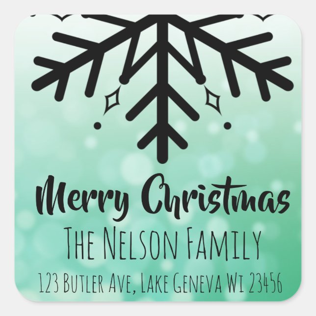 Black and Green Snowflake Personalised Christmas Square Sticker (Front)