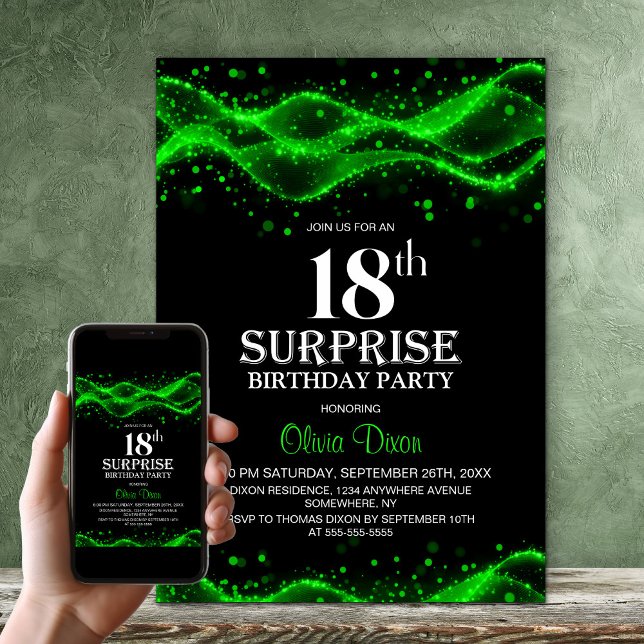 Black and Green Surprise 18th Birthday Party Invitation (Creator Uploaded)