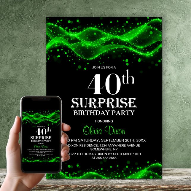 Black and Green Surprise 40th Birthday Party Invitation (Creator Uploaded)