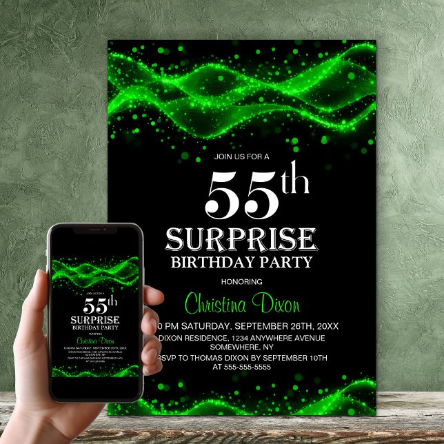 Black and Green Surprise 55th Birthday Party Invitation (Creator Uploaded)