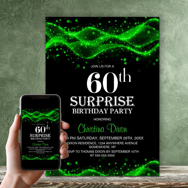 Black and Green Surprise 60th Birthday Party Invitation (Creator Uploaded)
