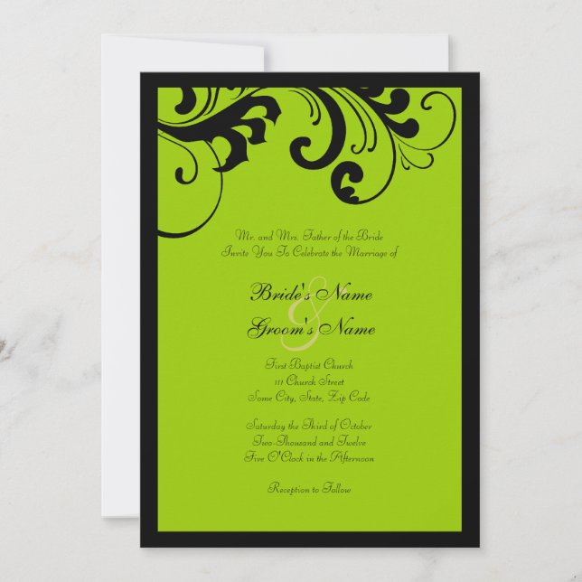 Black and Green Swirls Frame Wedding Invitation (Front)