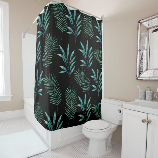 black and green Tropical Watercolor Palm Leaves  Shower Curtain (In Situ)