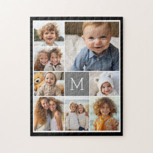 Black and Grey 8 Photo Collage - classic monogram Jigsaw Puzzle