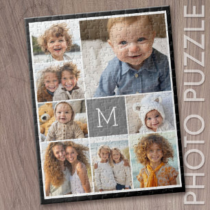 Black and Grey 8 Photo Collage - classic monogram Jigsaw Puzzle