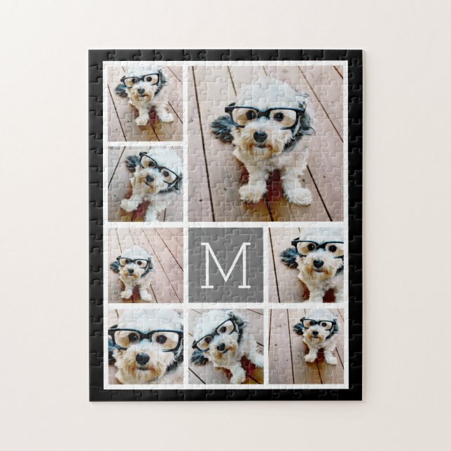 Black and Grey 8 Photo Collage - classic monogram Jigsaw Puzzle (Vertical)