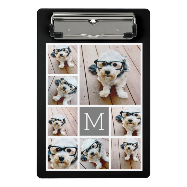 Black and Grey 8 Photo Collage classic monogram Mini Clipboard (Front)