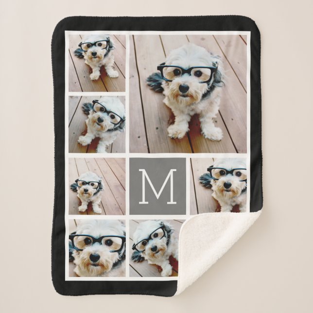 Black and Grey 8 Photo Collage - classic monogram Sherpa Blanket (Front)