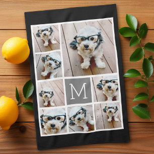 Black and Grey 8 Photo Collage classic monogram Tea Towel