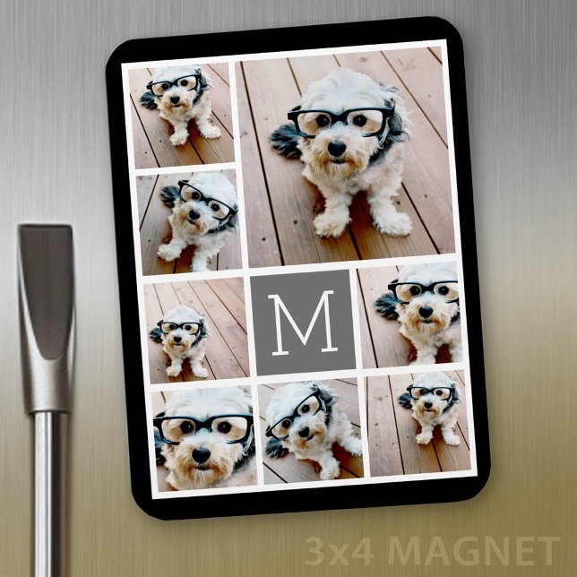 Black and Grey 8 Photo Collage - with monogram Magnet (Personalized fridge magnet - add photos and custom text)