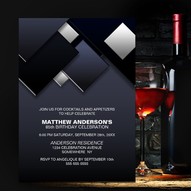Black and Grey Abstract 85th Cocktail Birthday Invitation (Creator Uploaded)