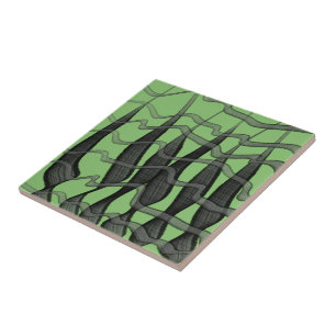 Black And Grey Abstract Feathered Floral Leaves  Tile