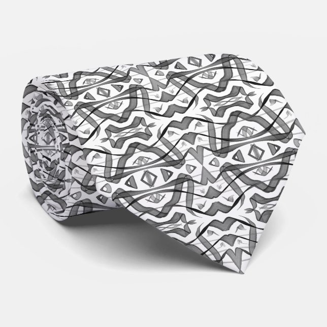 Black And Grey Abstract Mirrored Feathered Leaves Tie (Rolled)