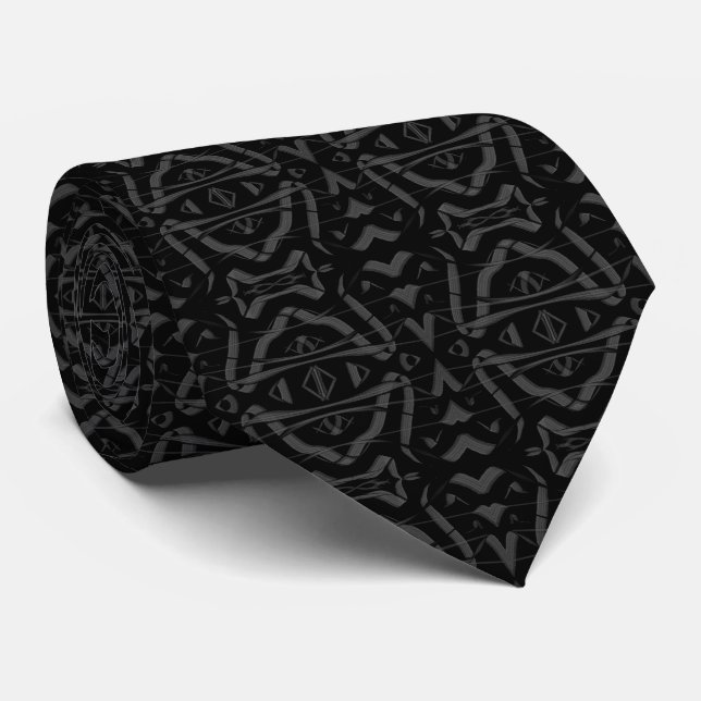 Black And Grey Abstract Mirrored Feathered Leaves Tie (Rolled)