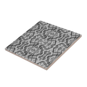 Black And Grey Abstract Mirrored Feathered Leaves Tile