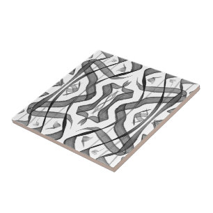 Black And Grey Abstract Mirrored Feathered Leaves  Tile
