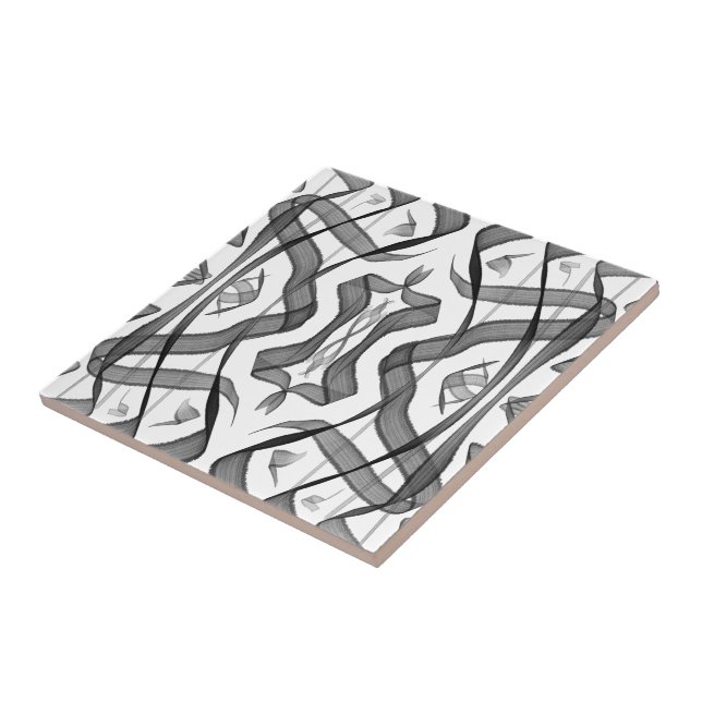 Black And Grey Abstract Mirrored Feathered Leaves  Tile (Side)