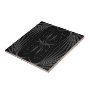 Black And Grey Abstract Mirrored Feathered Leaves Tile