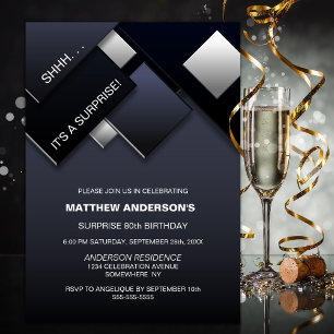 Black and Grey Abstract Surprise 80th Birthday Invitation