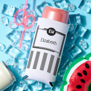 Black and grey add initials name stripes seltzer can cooler