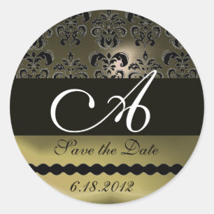 BLACK AND GREY AGATE DAMASK MONOGRAM, CLASSIC ROUND STICKER