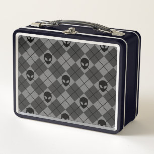 Black and Grey Alien Argyle Pattern Metal Lunch Box