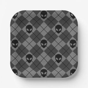 Black and Grey Alien Argyle Pattern Paper Plate