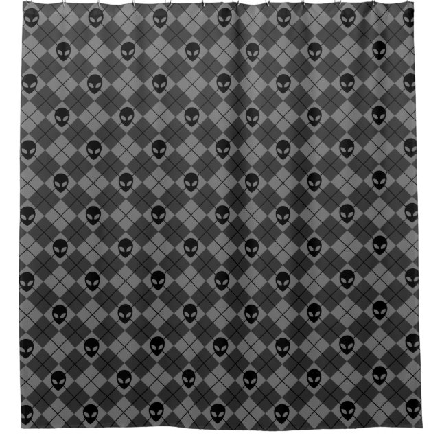 Black and Grey Alien Argyle Pattern Shower Curtain (Front)